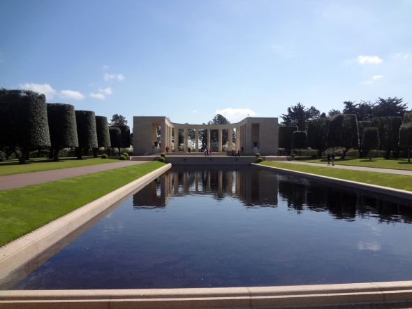 Looking toward the memorial fountain at the American Cemetery at Omaha Beach in Colleville-Sur-Mer, France. 